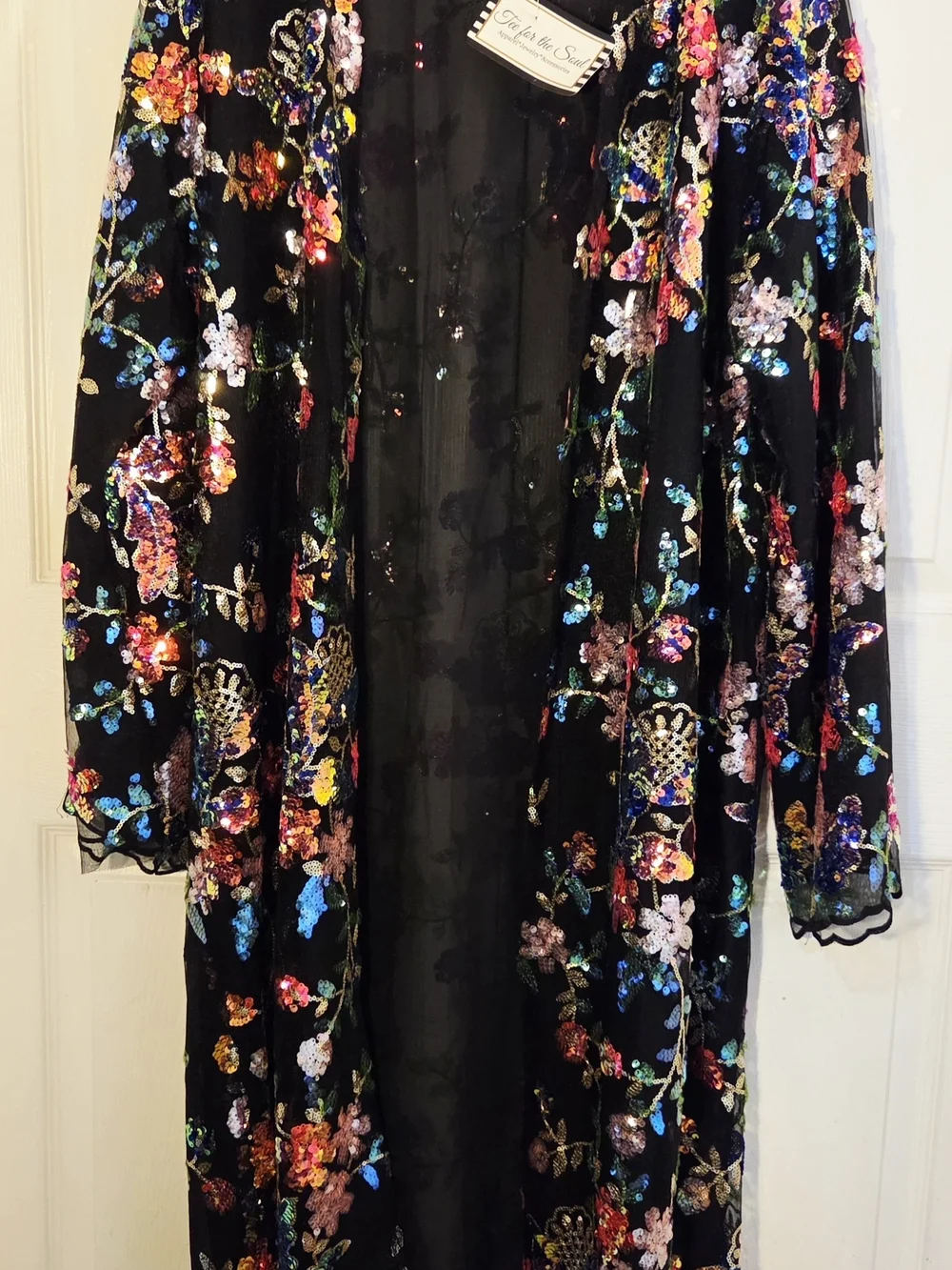 Embroidered Floral Sequin Kimono Robe - Black Multicolor
